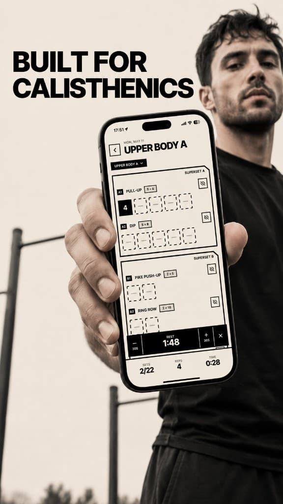 Calilog app — Upper Body A workout running on iPhone, held by a calisthenics athlete in an outdoor park